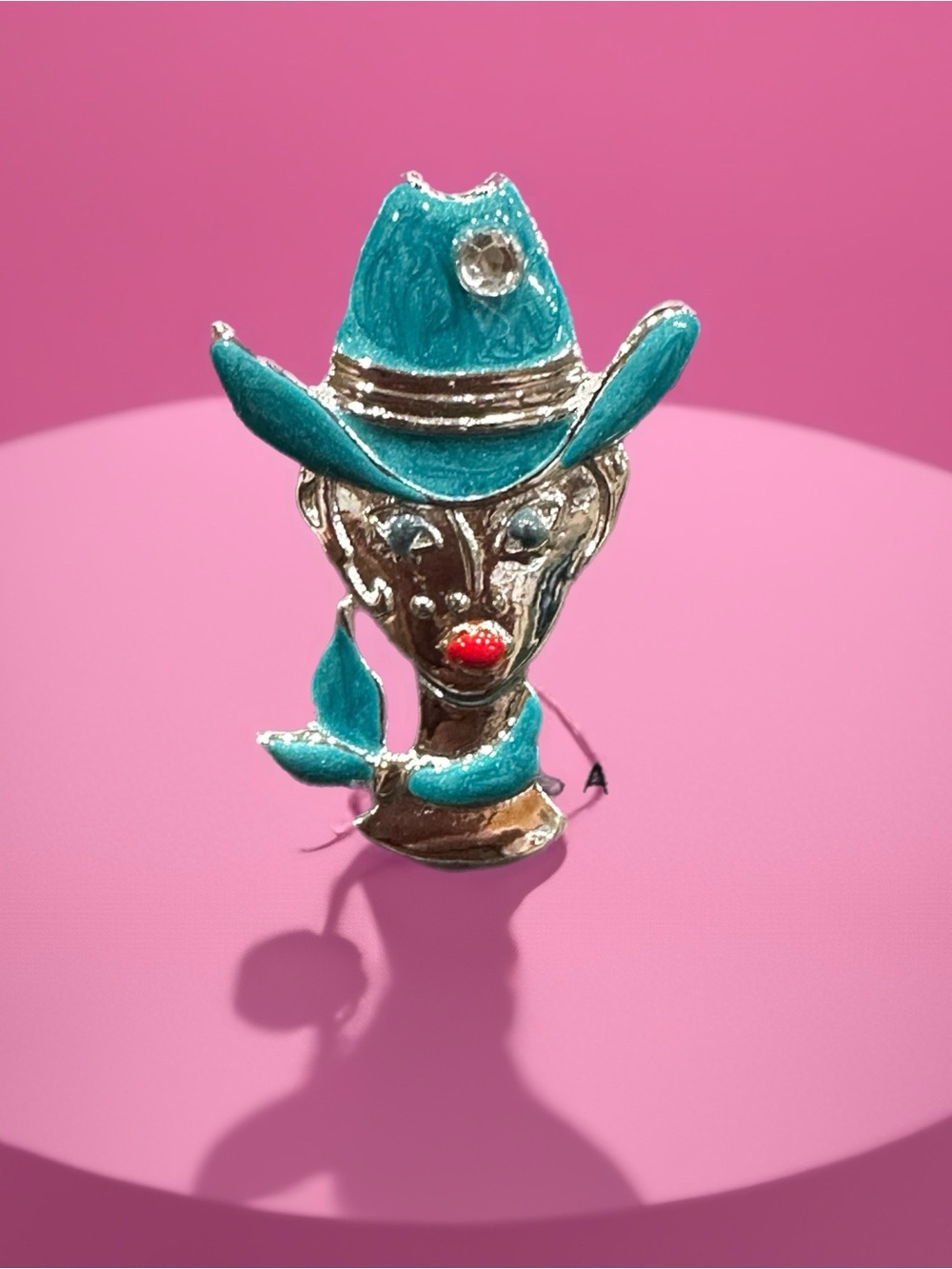 Turquoise Cowboy Woman Brooch with Red Lip Accent